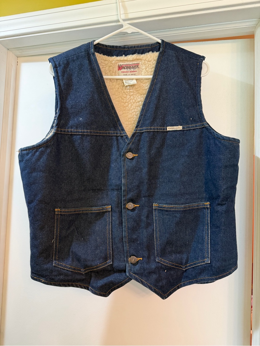 Vintage Windbreaker Brand Sherpa-Lined Denim Vest in Dark Blue